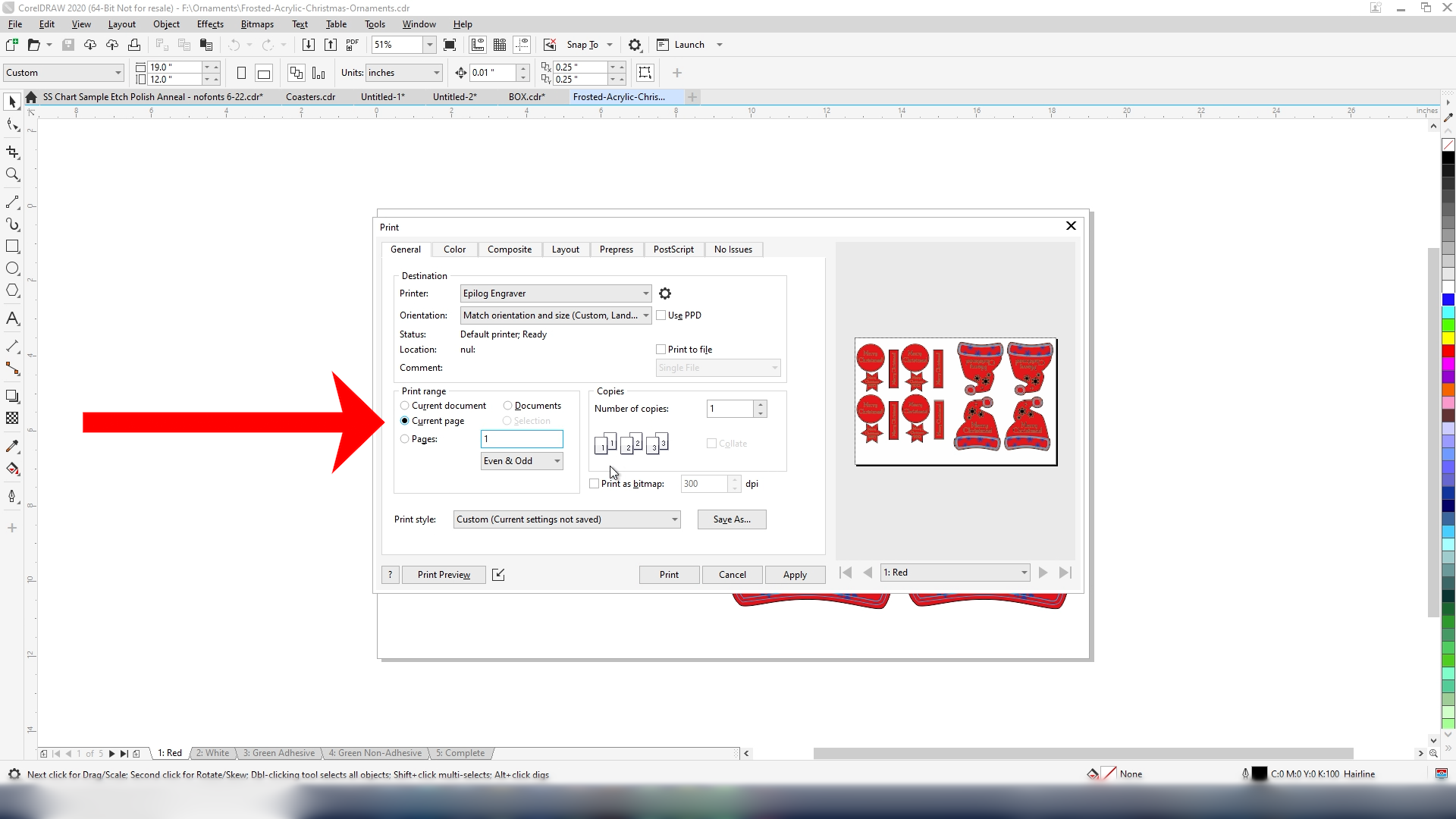 Printing ornament artwork to the Laser Dashboard.