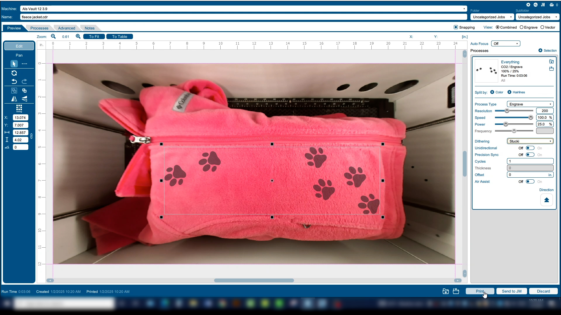 Fleece jacket artwork in Laser Dashboard